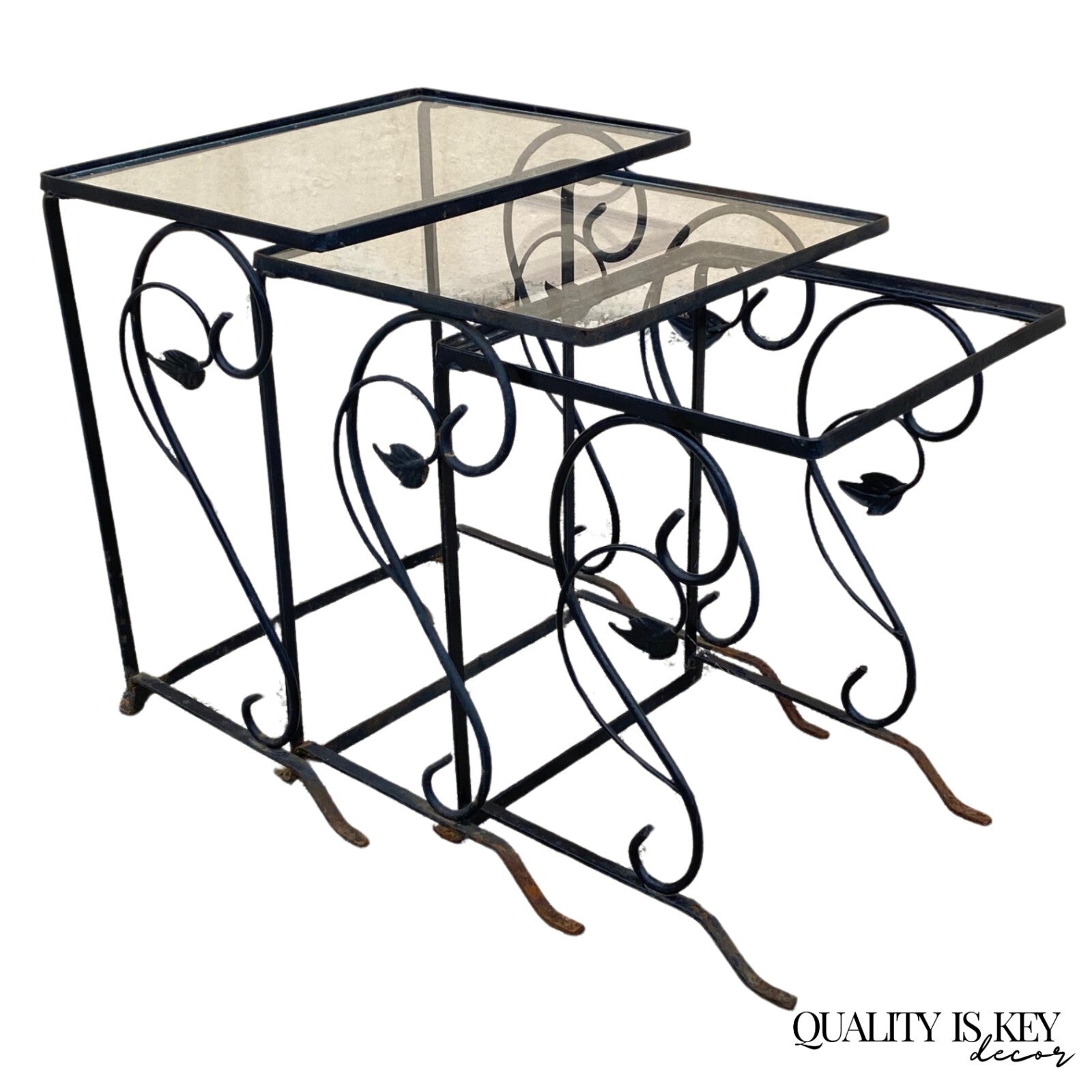 Vintage Art Nouveau Salterini Wrought Iron Garden Nesting Side Tables - 3 Pc Set