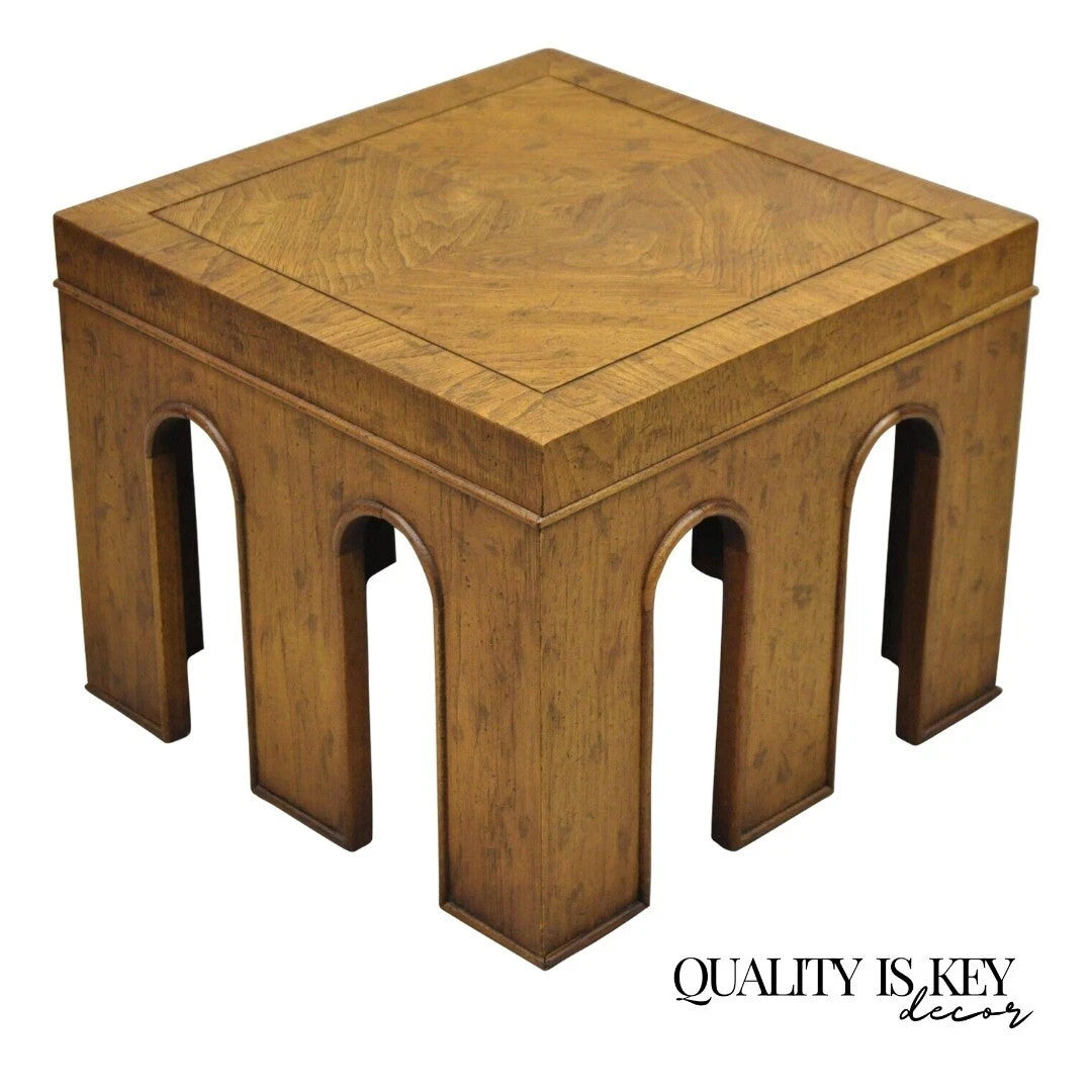 Vintage Drexel Wellington Arched Hollywood Regency Burl Wood Pedestal Side Table