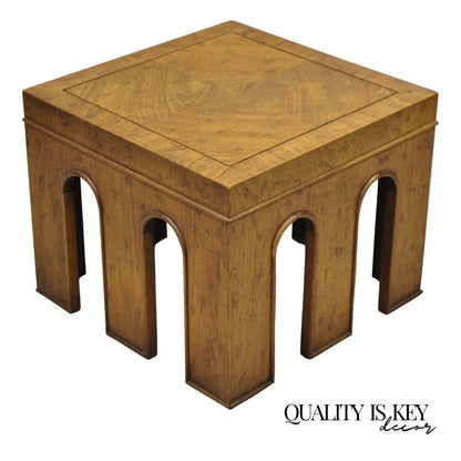 Vintage Drexel Wellington Arched Hollywood Regency Burl Wood Pedestal Side Table