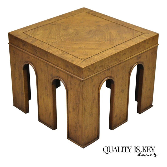 Vintage Drexel Wellington Arched Hollywood Regency Burl Wood Pedestal Side Table