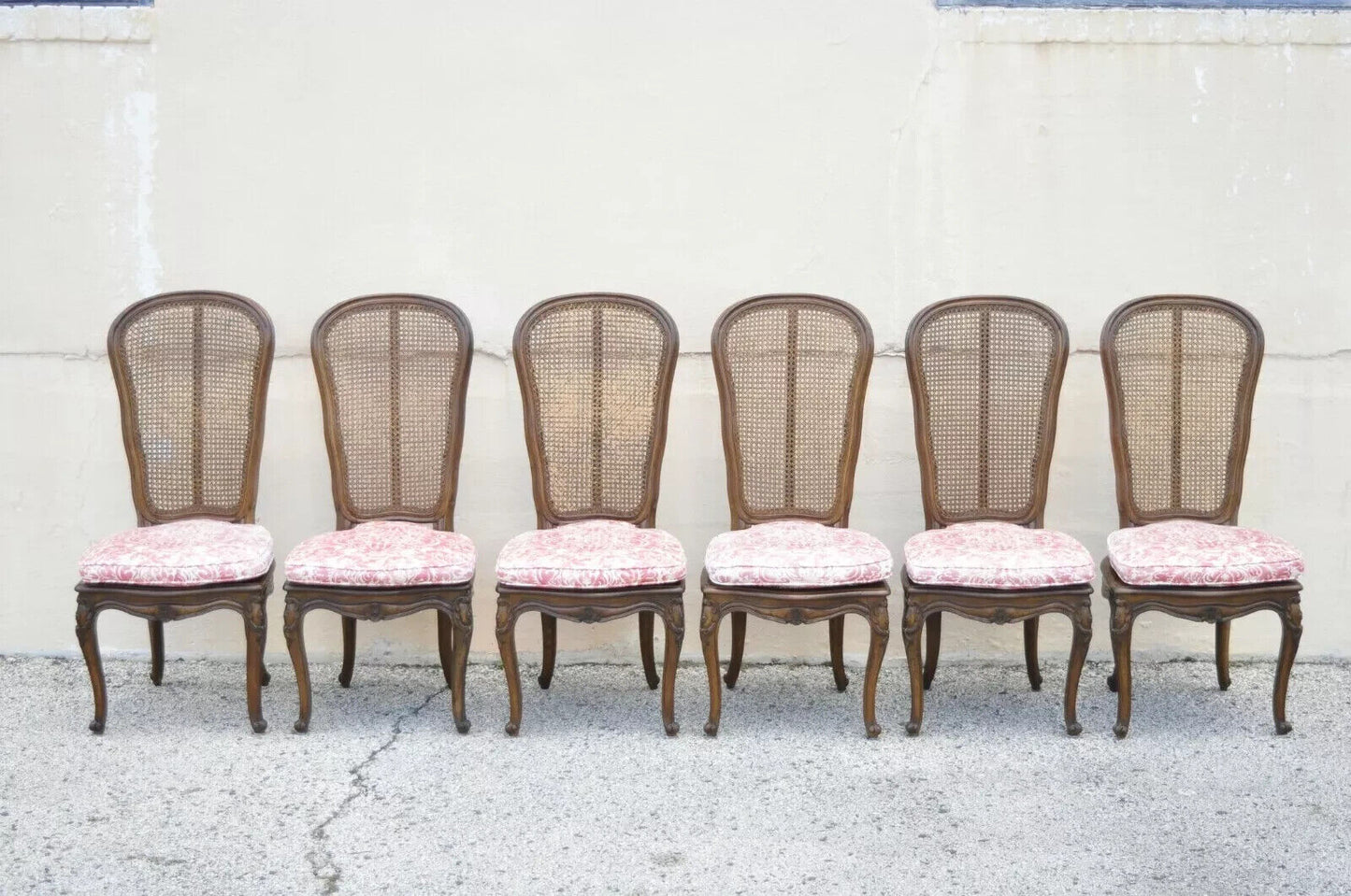 Vintage French Provincial Louis XV Walnut Cane Dining Side Chairs - Set of 6