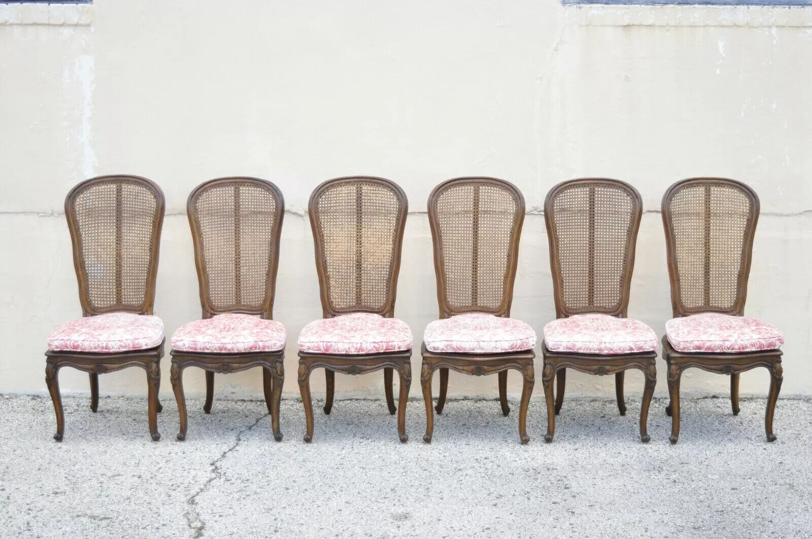 Vintage French Provincial Louis XV Walnut Cane Dining Side Chairs - Set of 6