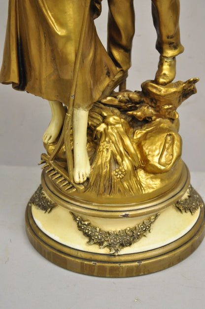 Antique French Renaissance Moreau Figural Metal Table Lamp, Wife & Farmer