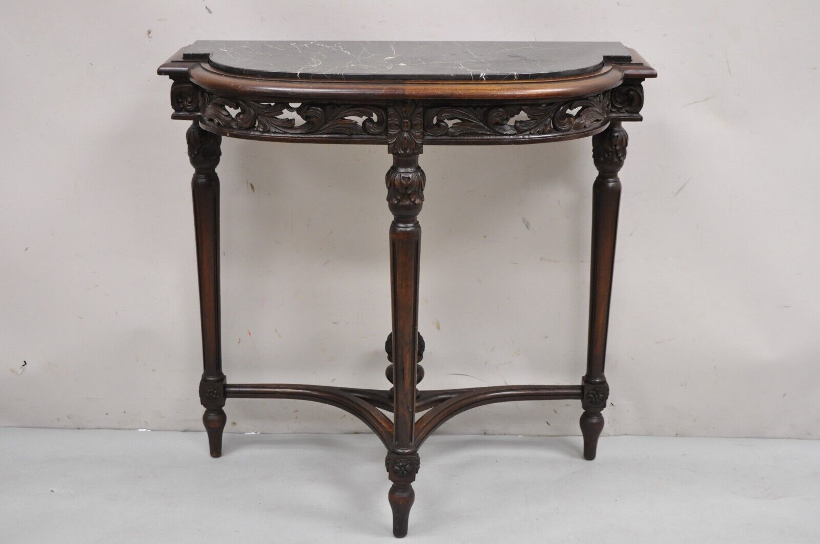 Antique French Louis XVI Carved Black Marble Top Demilune Console Hall Table