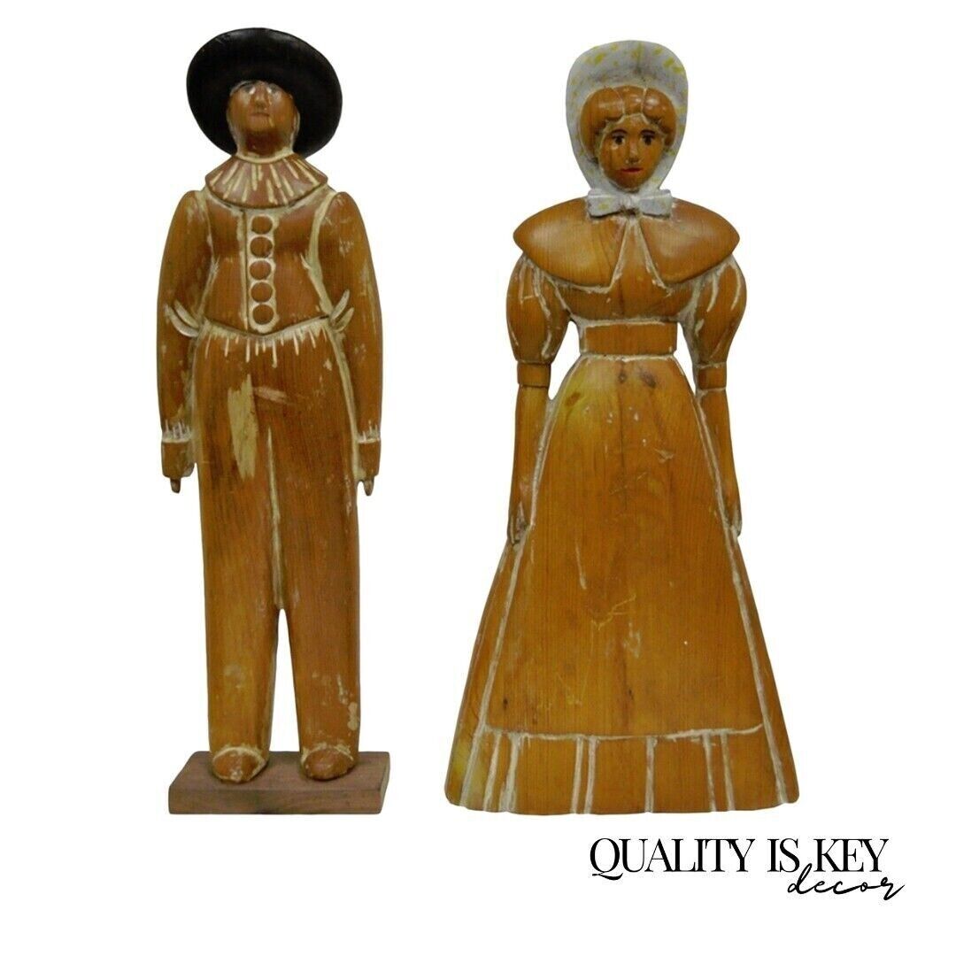 Vintage Sarreid Ltd Pine Wooden Folk Art Sculptures Man and Woman 22" Tall Pair