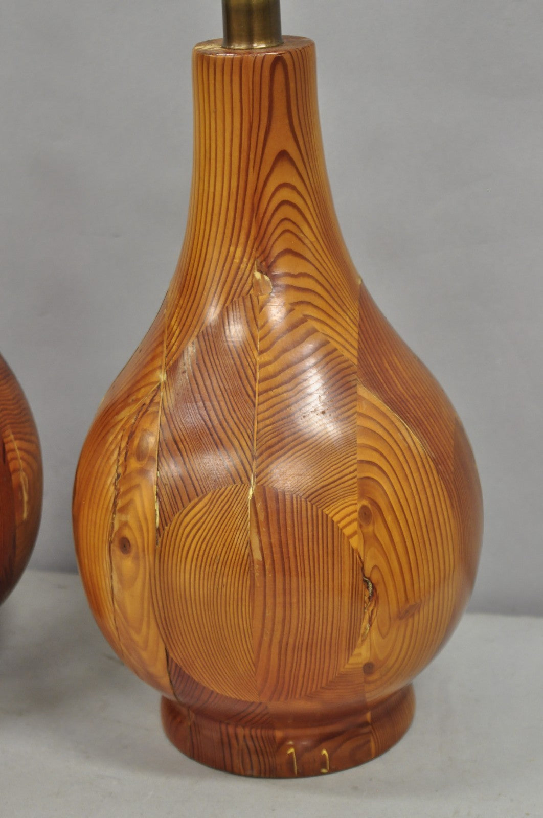 Vintage Mid Century Modern Bulbous Sculpted Swedish Pine Wood Table Lamps, Pair