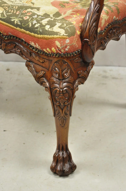 Maitland Smith Georgian Carved Mahogany Needlepoint Dining Arm Chairs - a Pair