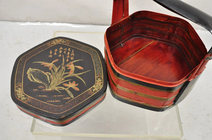 Vintage Chinese Black & Red Lacquer Floral Painted Lidded Wooden Tea Caddy Box
