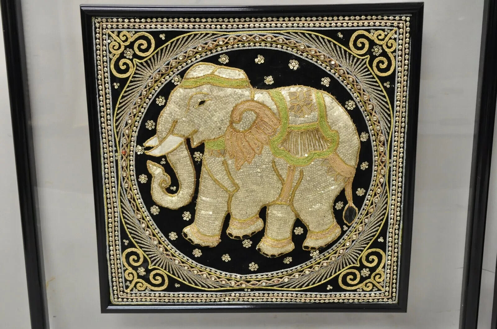 Framed Beaded Embroidered Elephant Padded Tapestry Indian Wall Art - a Pair