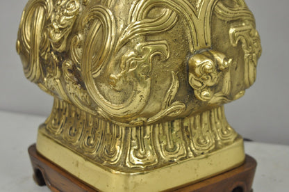 Vintage Chinese Figural Brass Bronze Wine Vessel Chinoiserie Hu Vase Table Lamp