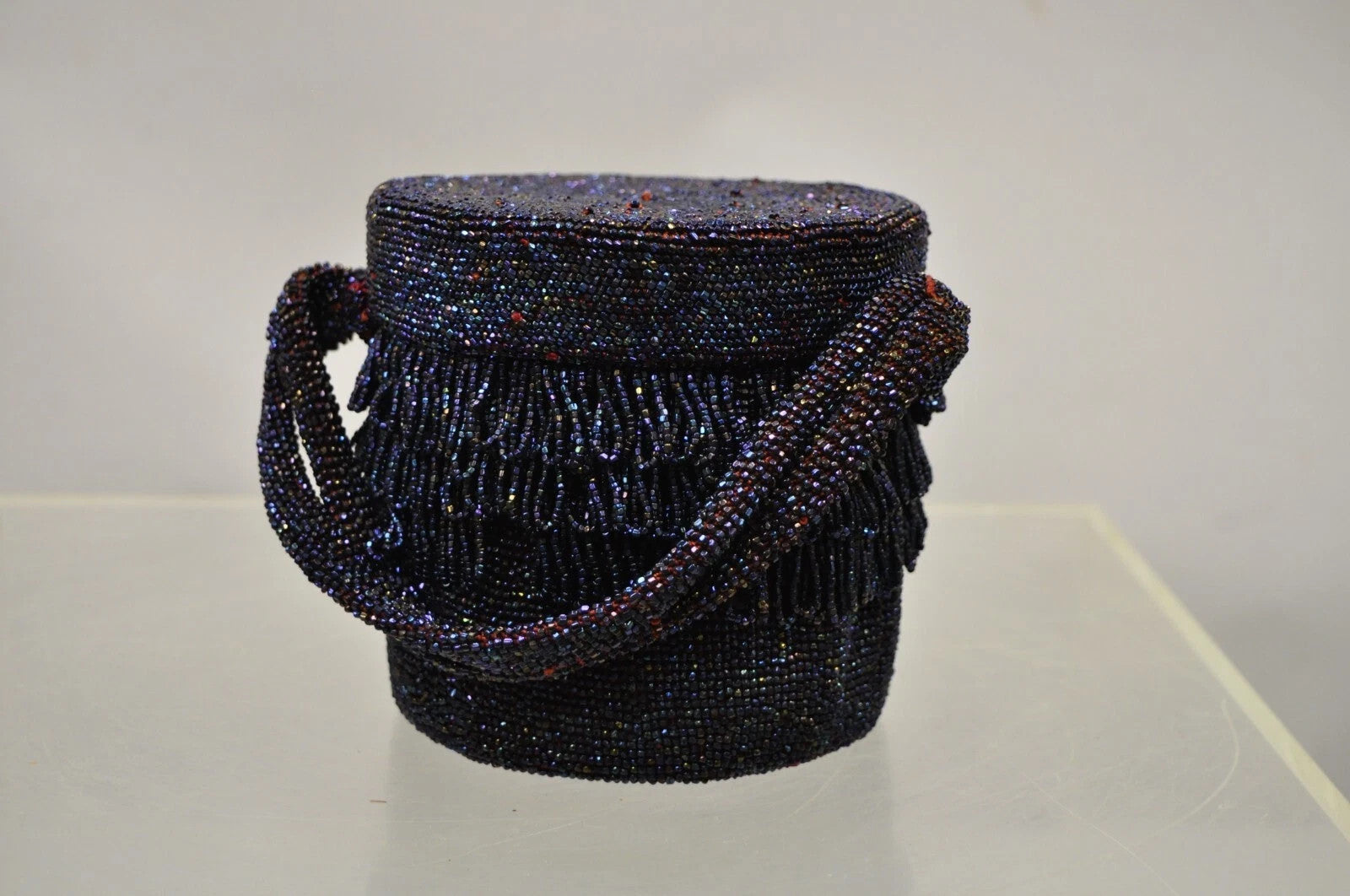 Vintage French Art Deco Blue Red Beaded Handbag Round Box Purse with Mirror