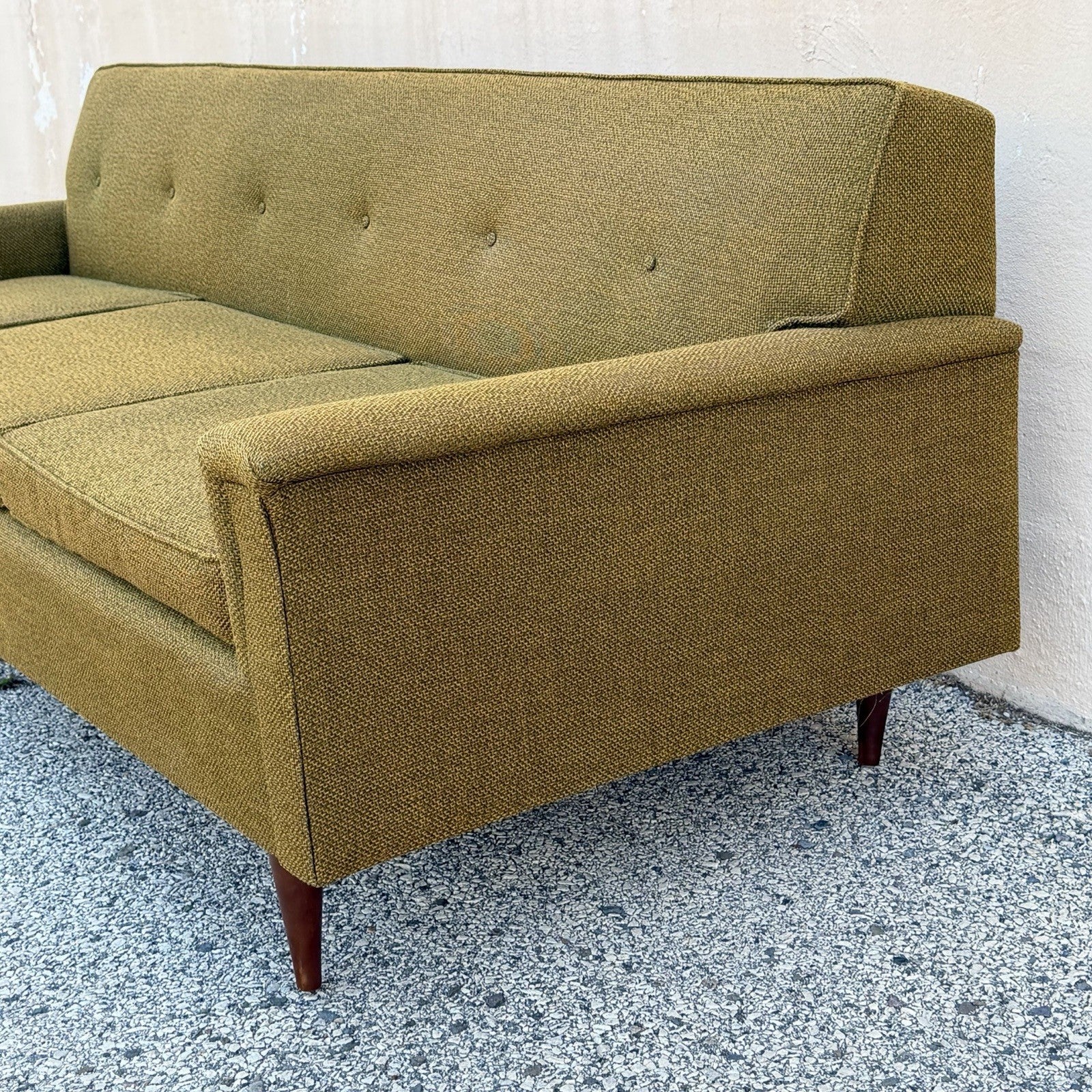 Vintage Mid Century Modern Greenish Brown Tufted 82" Sofa Couch w/ Walnut Legs