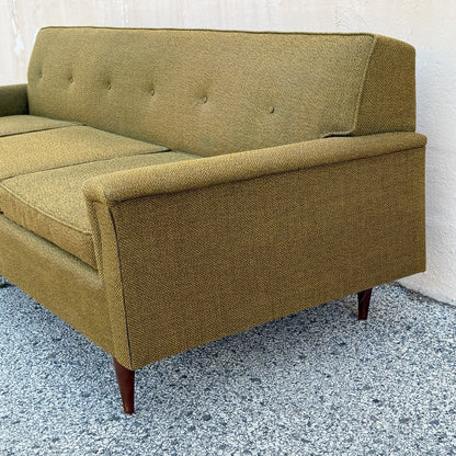 Vintage Mid Century Modern Greenish Brown Tufted 82" Sofa Couch w/ Walnut Legs