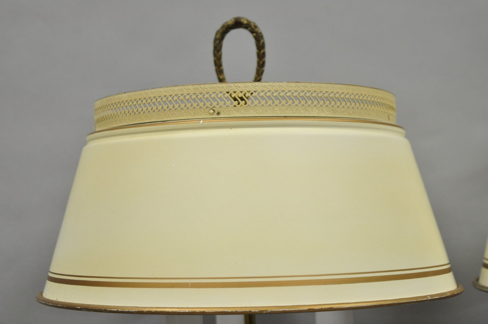 Vintage French Country Tole Metal Shade Brass Column Candelabra Table Lamps Pair