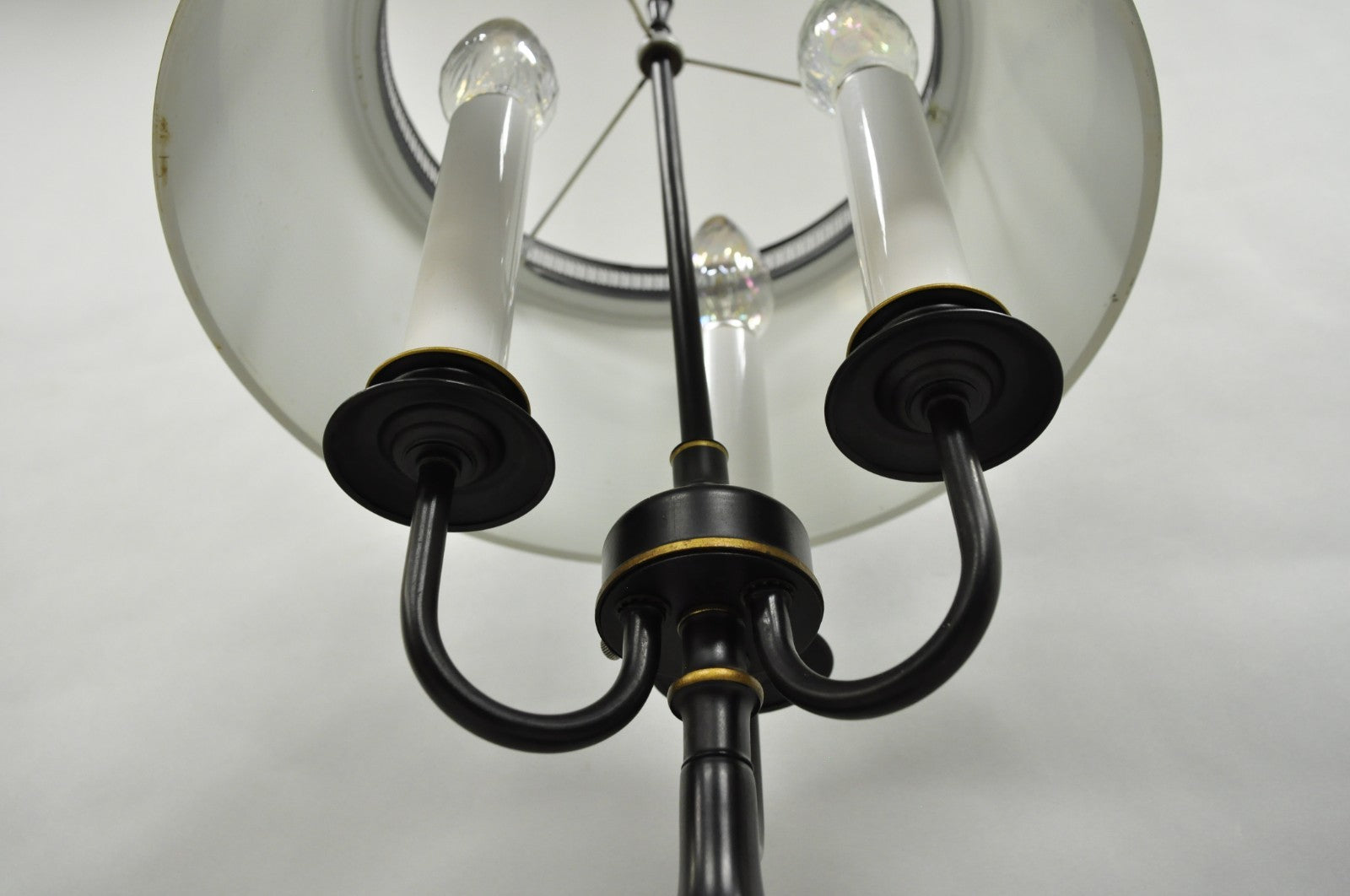 Vintage French Country Black Tole Metal Three Arm Candelabra Table Lamp w/ Shade