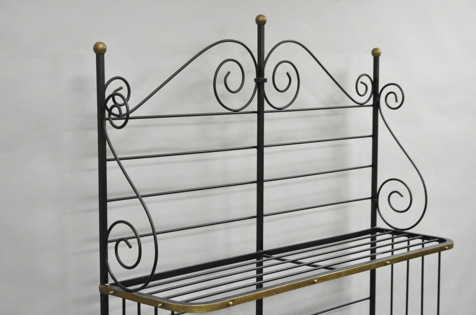 Vintage French Bakers Rack 3 Tier Scrolling Wrought Iron and Brass Etagere