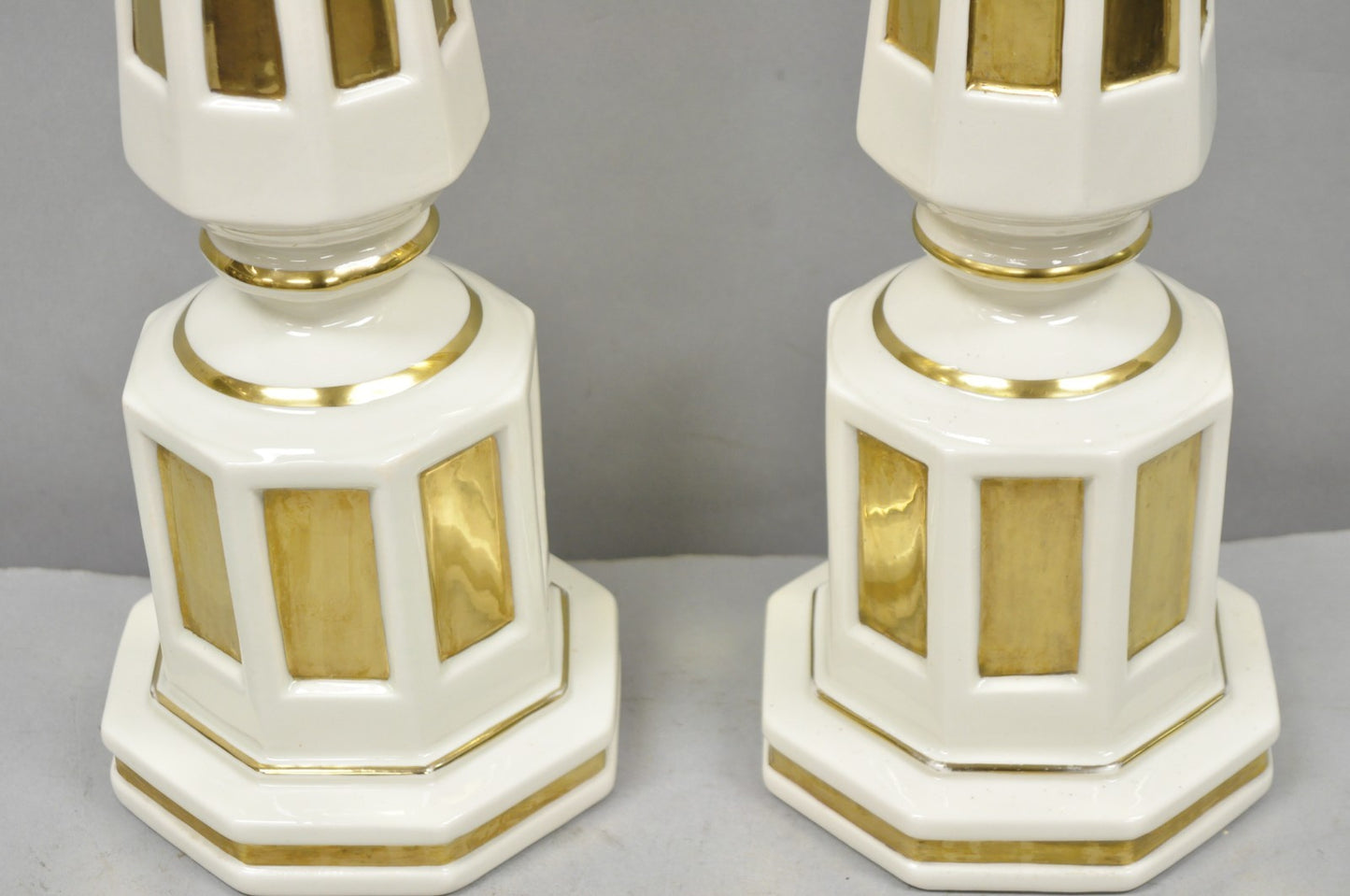 Vintage Italian Hollywood Regency Cream & Gold Porcelain Column Table Lamp, Pair