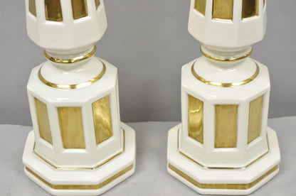 Vintage Italian Hollywood Regency Cream & Gold Porcelain Column Table Lamp, Pair