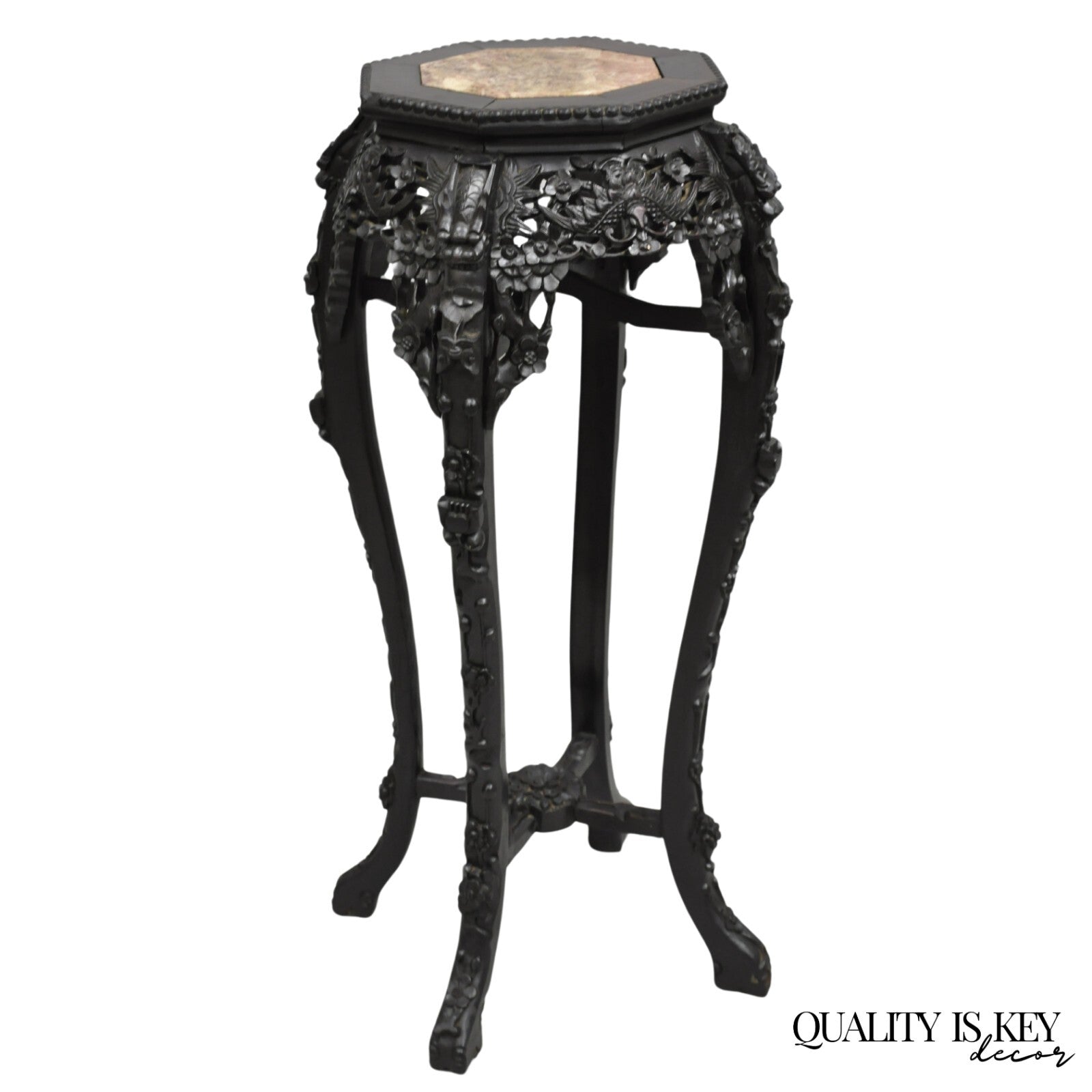 Antique Chinoiserie Chinese Carved Hardwood Marble Top 36" Pedestal Plant Stand