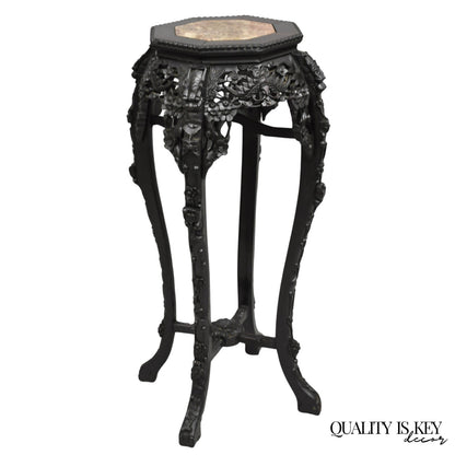 Antique Chinoiserie Chinese Carved Hardwood Marble Top 36" Pedestal Plant Stand