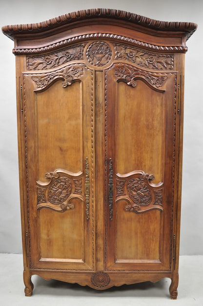 French Country Normandy France Carved Walnut Large Wardrobe Armoire Cabinet