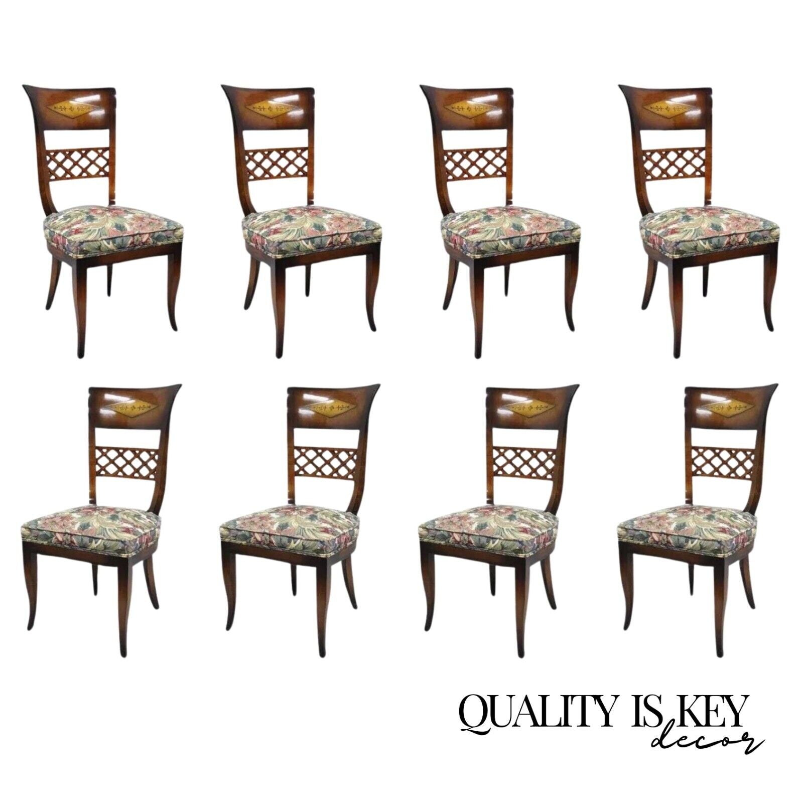 Italian Neoclassical Style High Back Brass Inlay Dining Side Chairs - Set of 8