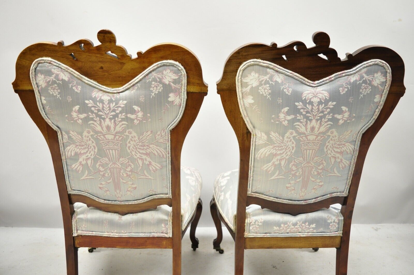 Victorian Floral Scrollwork Carved Mahogany Parlor Slipper Side Chairs - a Pair