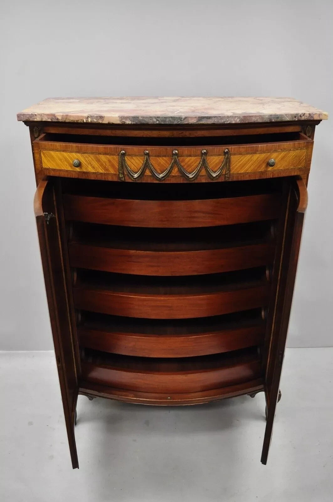 Antique French Louis XV Style Satinwood Marble Top Tall Chest Dresser Cabinet