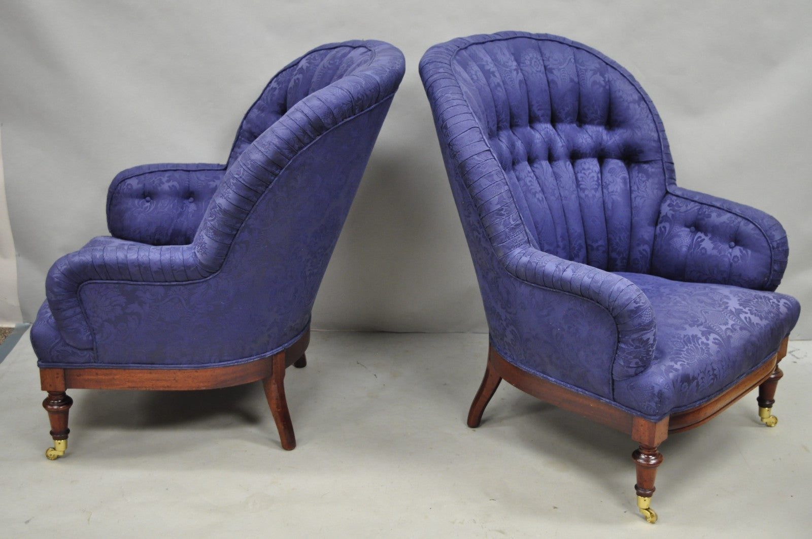 Vintage English Napoleon III Style Blue Button Tufted Fan Back Club Chairs, Pair