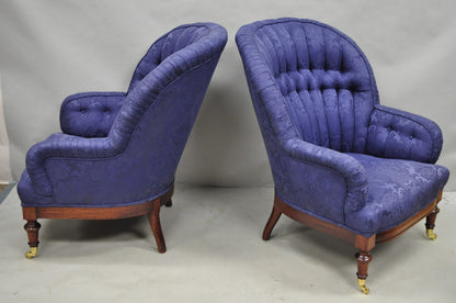 Vintage English Napoleon III Style Blue Button Tufted Fan Back Club Chairs, Pair