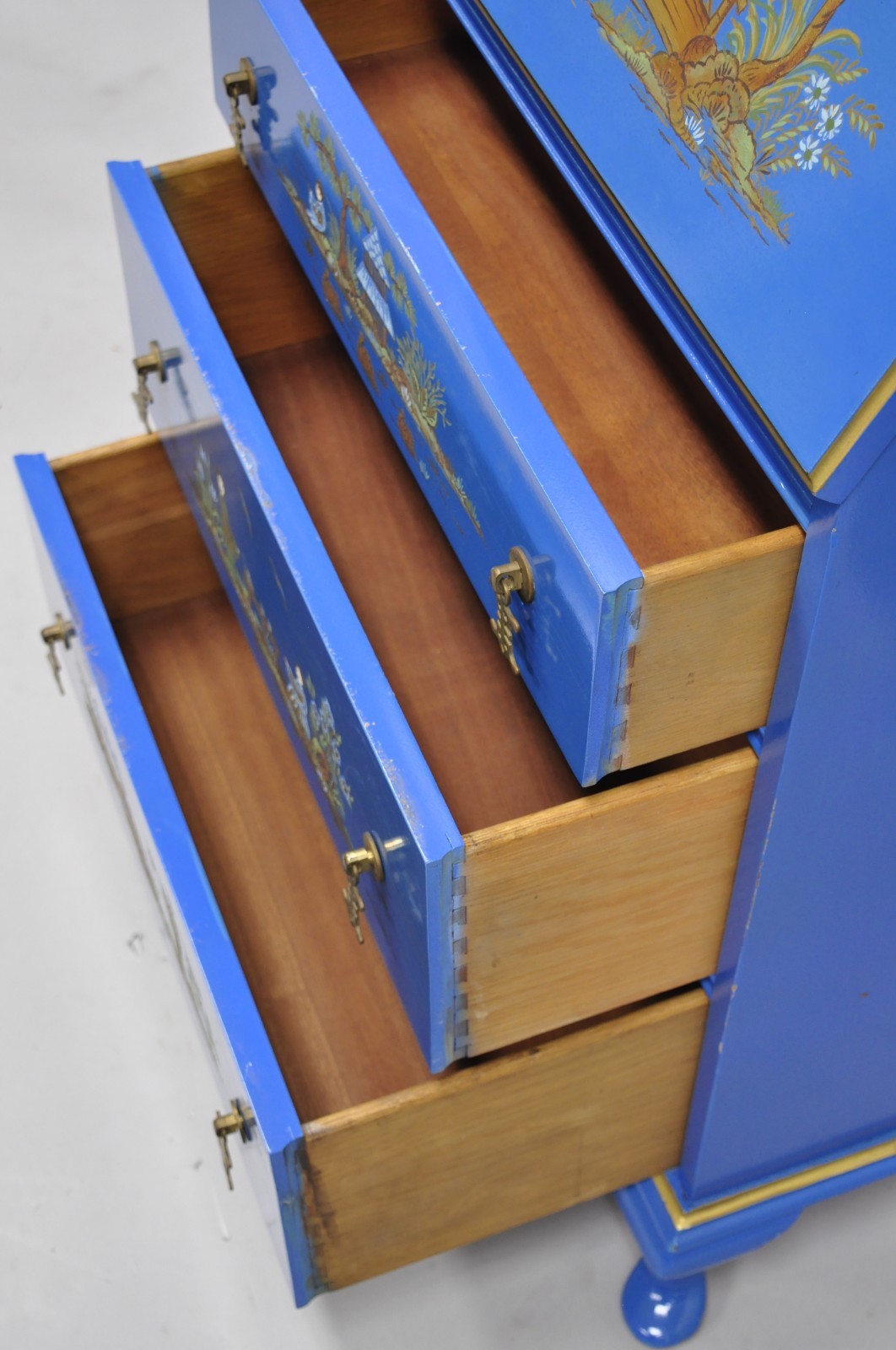 Vintage Chinoiserie Blue Hand Painted Gold Gilt Narrow Bookcase Secretary Desk