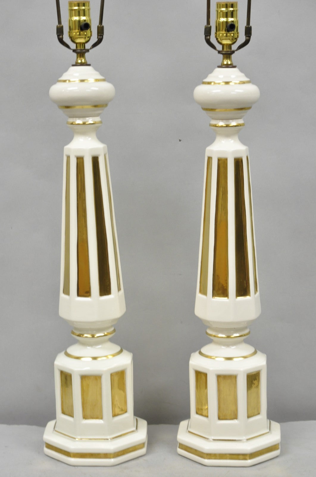 Vintage Italian Hollywood Regency Cream & Gold Porcelain Column Table Lamp, Pair
