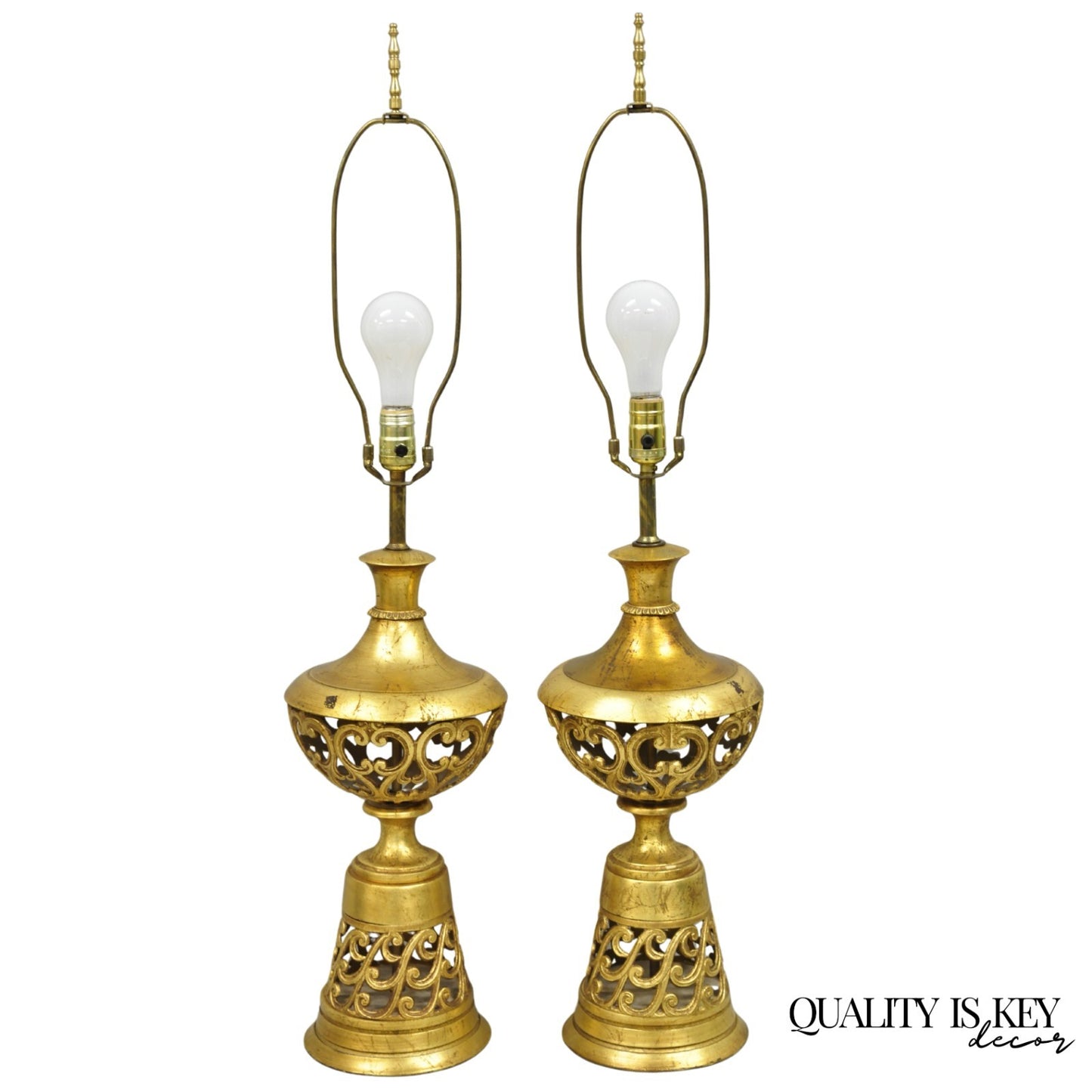 Vintage Italian Hollywood Regency Gold Gilt Iron Metal Fretwork Table Lamps Pair