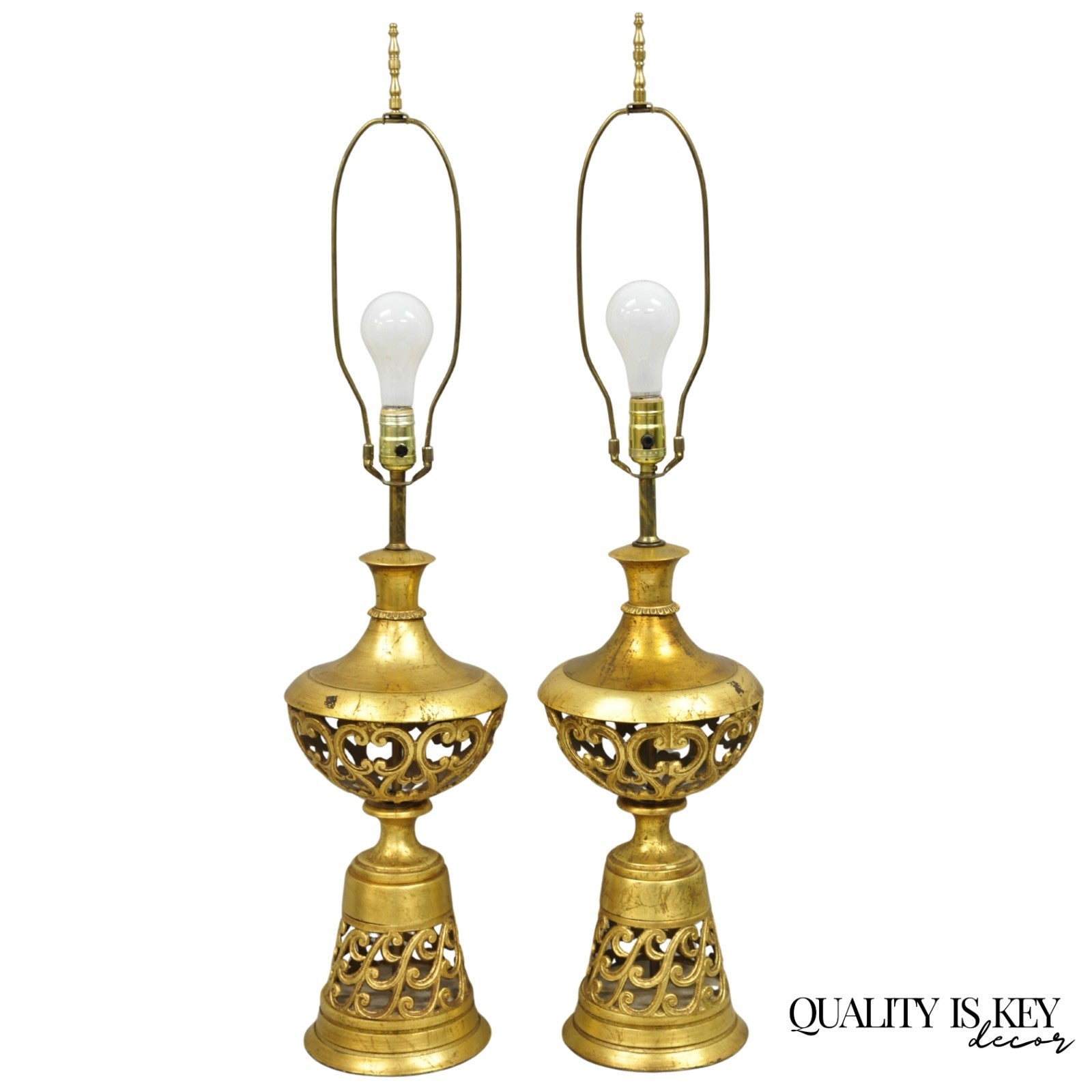 Vintage Italian Hollywood Regency Gold Gilt Iron Metal Fretwork Table Lamps Pair
