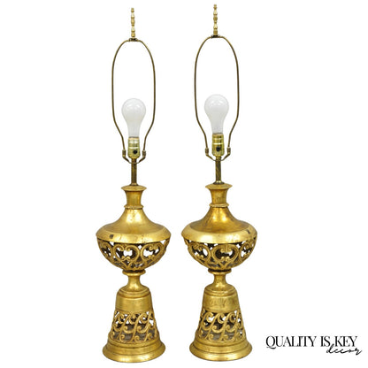 Vintage Italian Hollywood Regency Gold Gilt Iron Metal Fretwork Table Lamps Pair