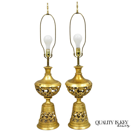 Vintage Italian Hollywood Regency Gold Gilt Iron Metal Fretwork Table Lamps Pair