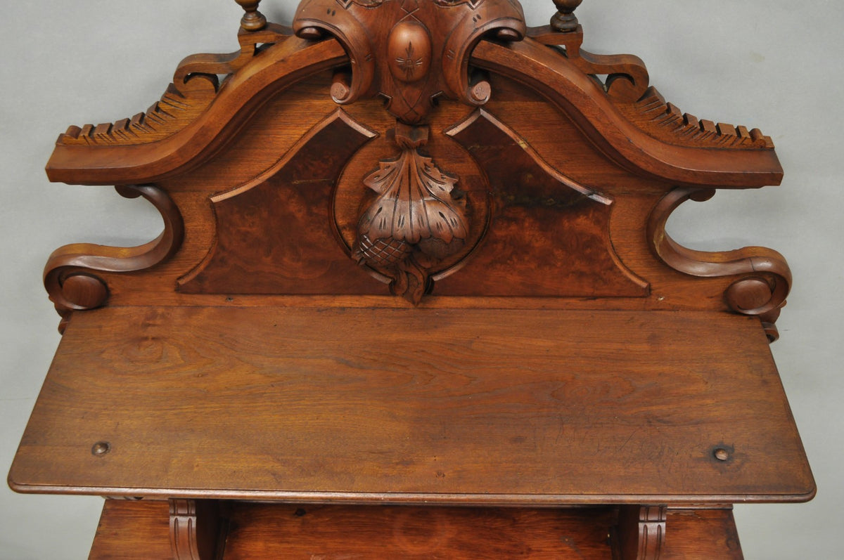 Antique Eastlake Victorian Carved Walnut Oval Mirror Sideboard Backsplash Shelf