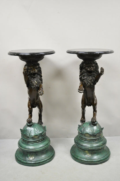 Cast Bronze Figural Lion Sculpture Marble Top Pedestals after P.J Mene - a Pair