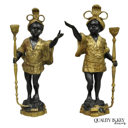 Vintage Moorish Venetian Blackamoor Figural Bronze Candelabra Candle Holder Pair