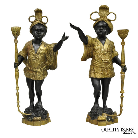 Vintage Moorish Venetian Blackamoor Figural Bronze Candelabra Candle Holder Pair