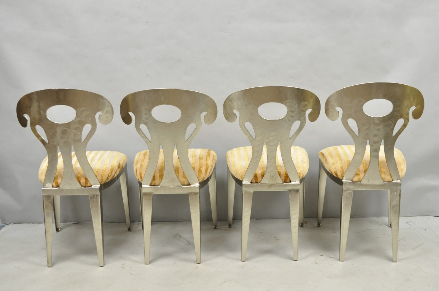 Vintage Postmodern Regency Style Brushed Steel Spade Back Dining Chairs Set of 4