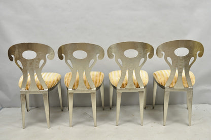 Vintage Postmodern Regency Style Brushed Steel Spade Back Dining Chairs Set of 4