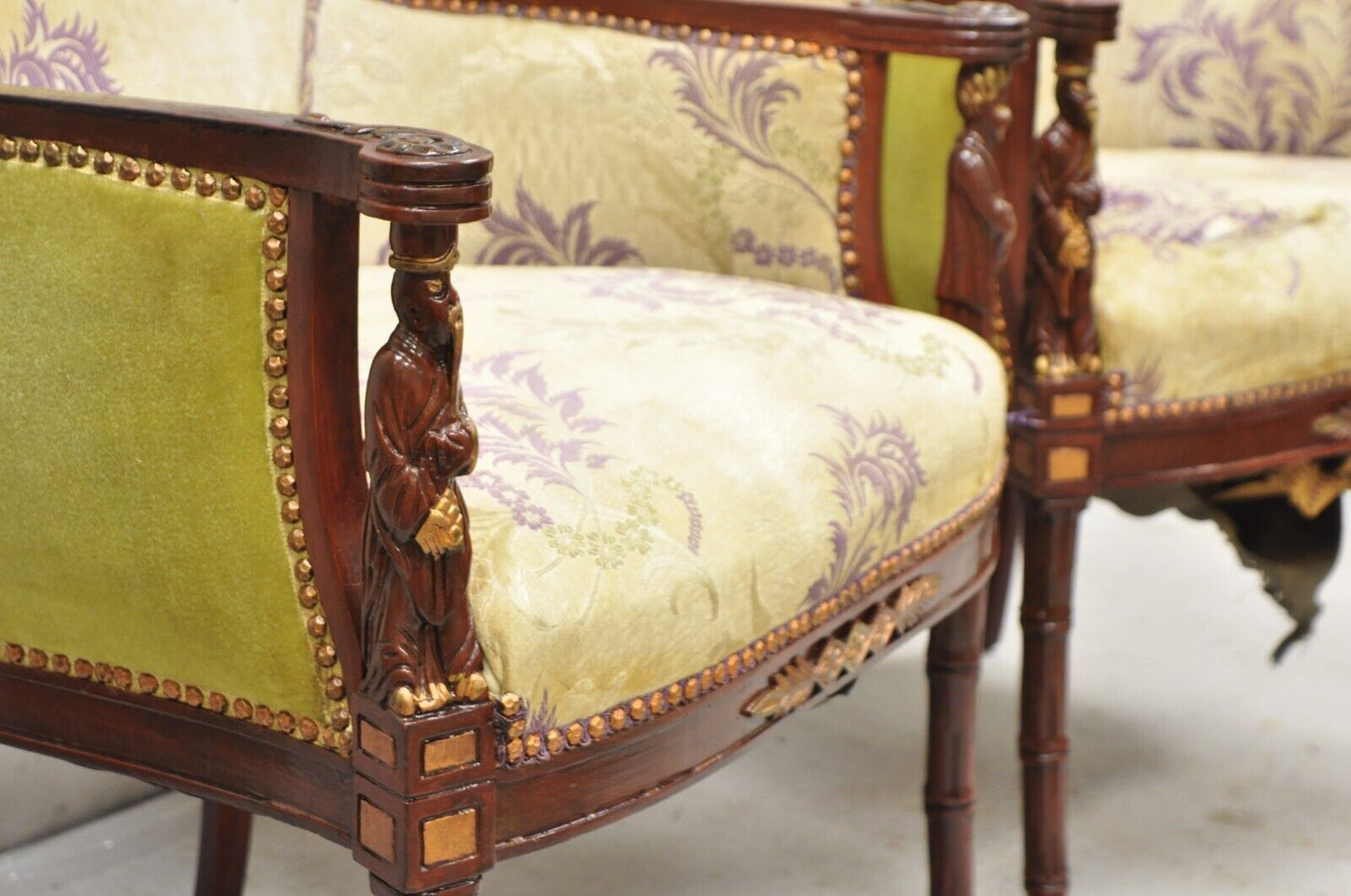 Vintage Chinoiserie Pagoda Figural Mahogany Fireside Parlor Lounge Chairs - Pair