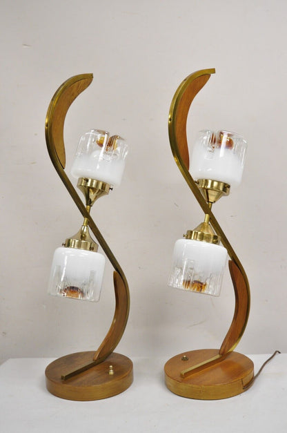 Vintage Mid Century Danish Modern Teak Wood & Brass Sculptural Table Lamp - Pair