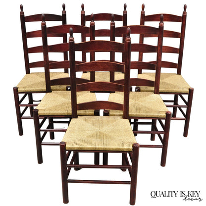 Primitive Rustic Ladder Back Woven Rush Seat Dining Side Chairs - Set of 6