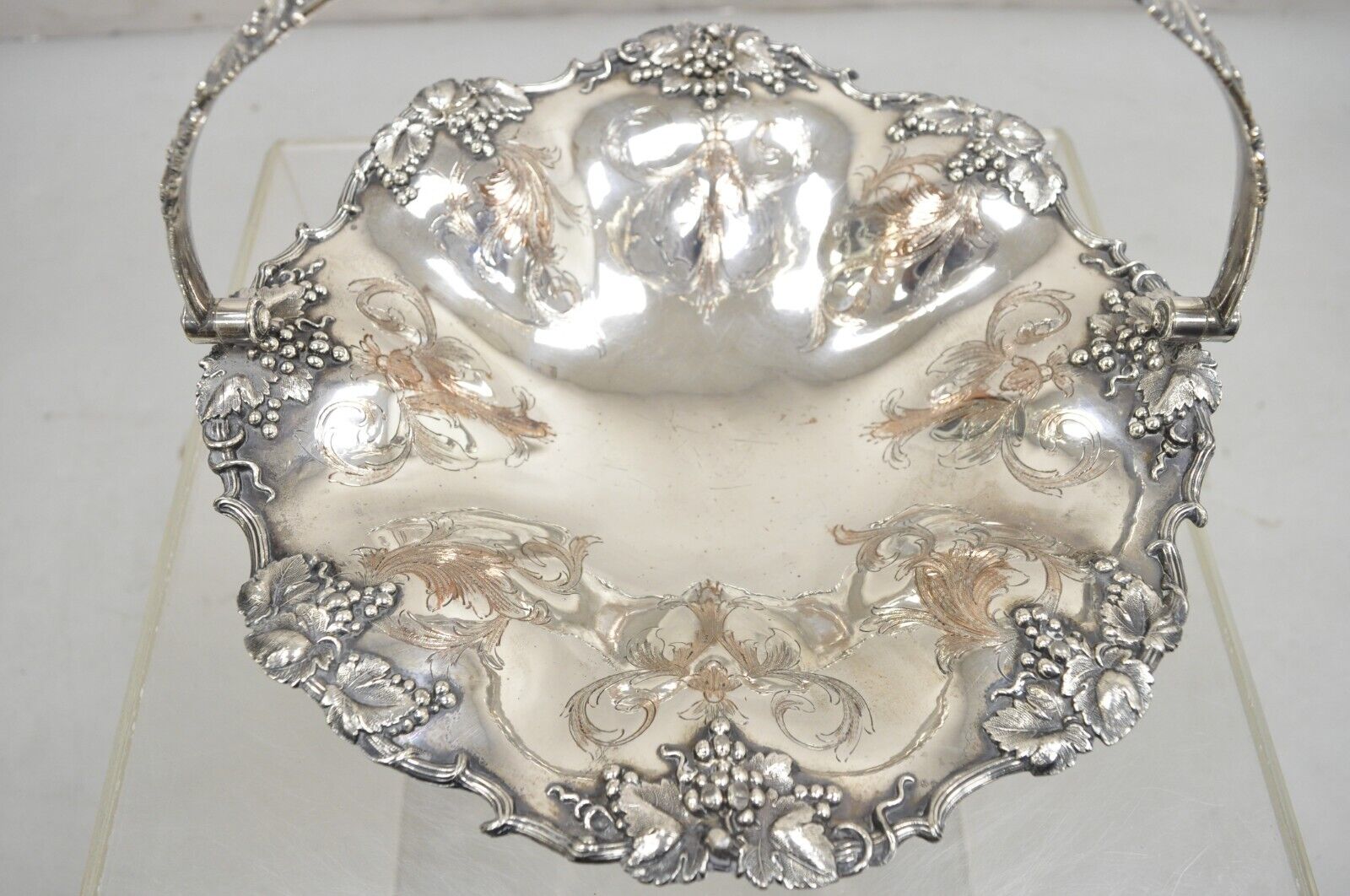 James Dixon & Sons Silver Plated Grapevine Repousse Scalloped Basket Bowl