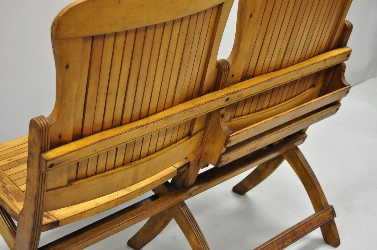 Antique Vintage Wood Slat Double Folding Theater Seat School Chair Old Bench