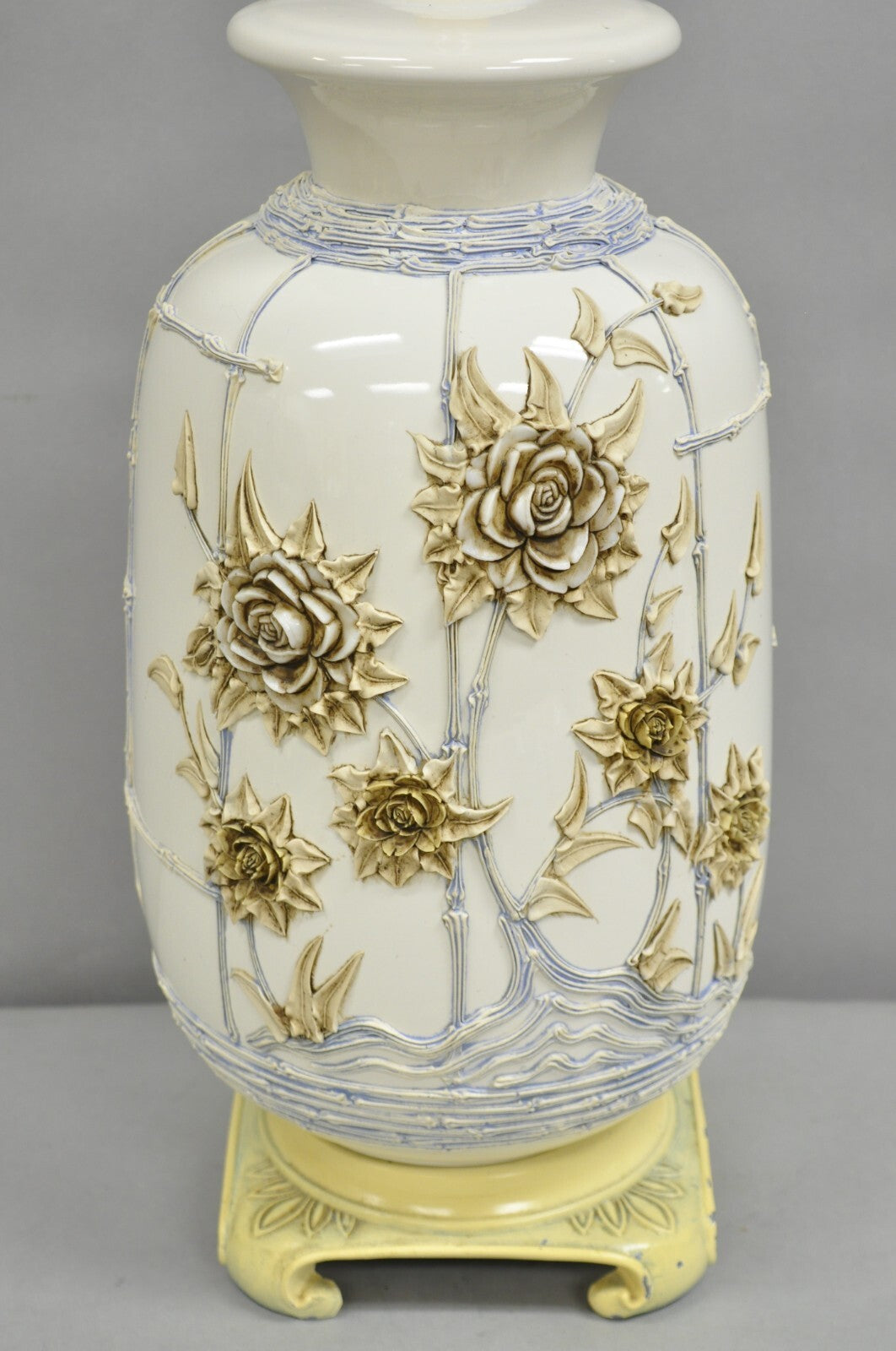 Vintage Chinoiserie White Porcelain Jardinere Table Lamp w/ Applied Flowers