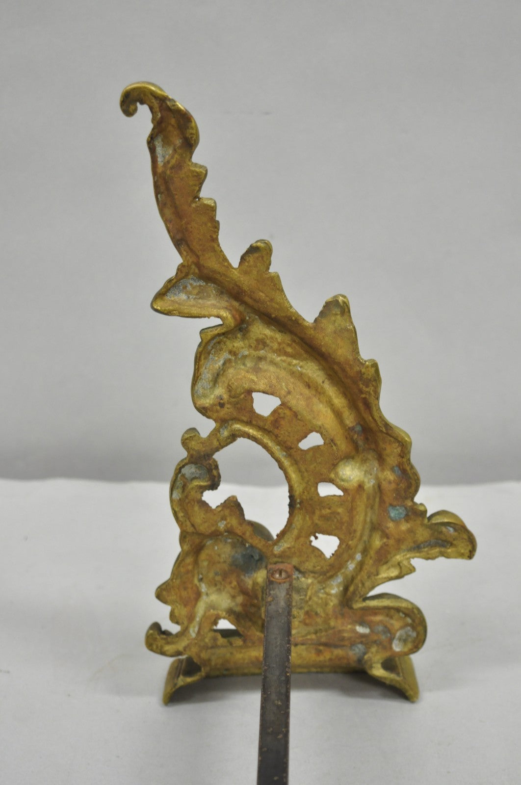 Vintage French Rococo Style Small Brass Bronze Acanthus Leaf Andirons - a Pair