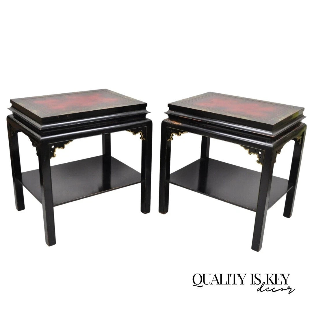 Vintage Chinoiserie Black Lacquered Red Leather Top 2 Tier End Tables - a Pair